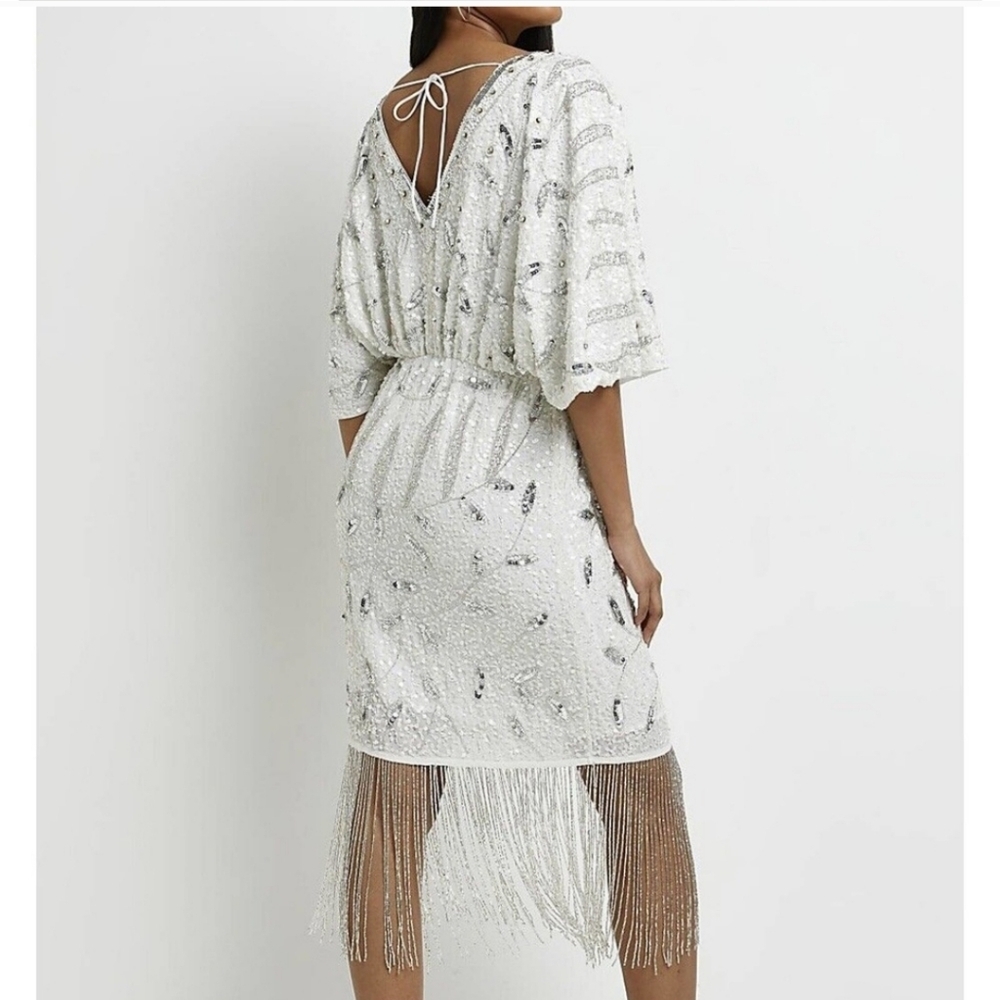 NEW River Island Batwing Sleeve Sequin Tassel Midi Dress, Sz UK 10/ US 6 - Picture 2 of 13